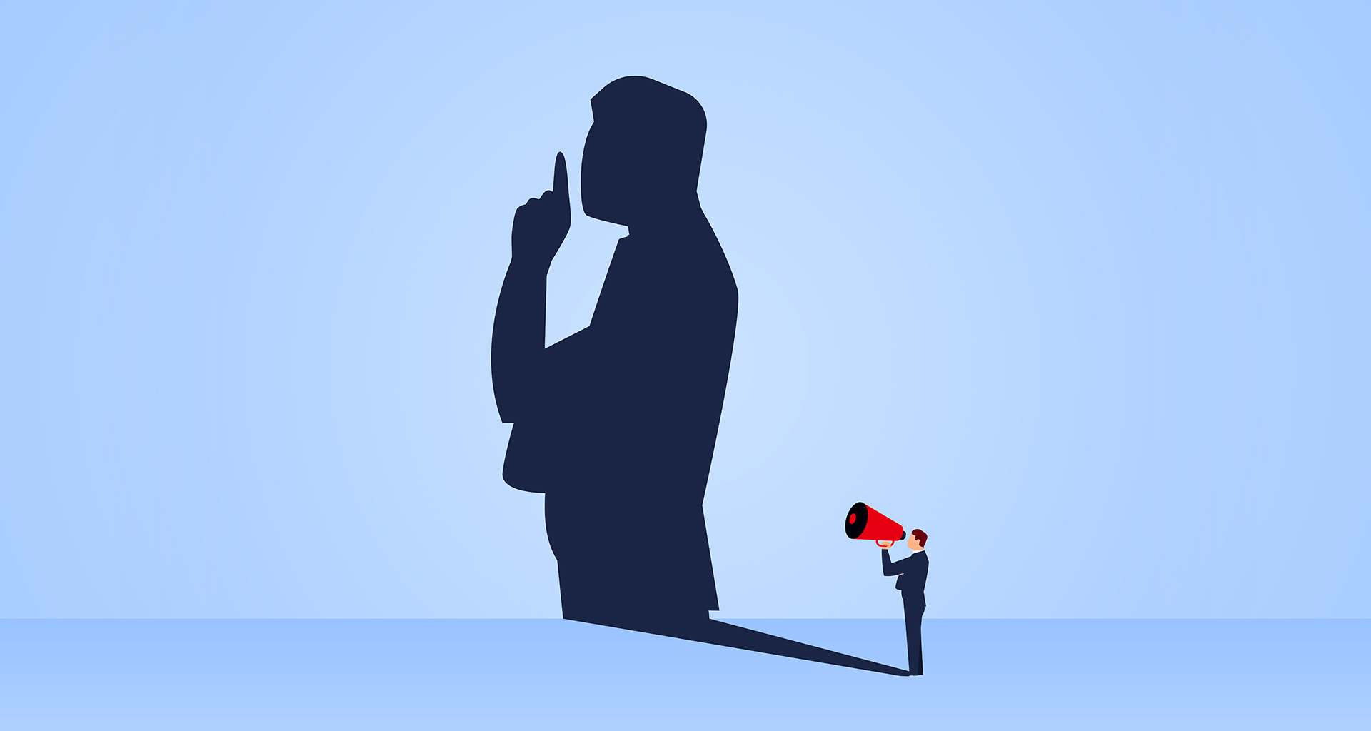 An illustration of a man with megaphone casting shadow of a man holding his finger in front of his mouth.