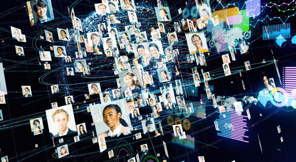 Digital community virtual grid hanged in three dimensional space