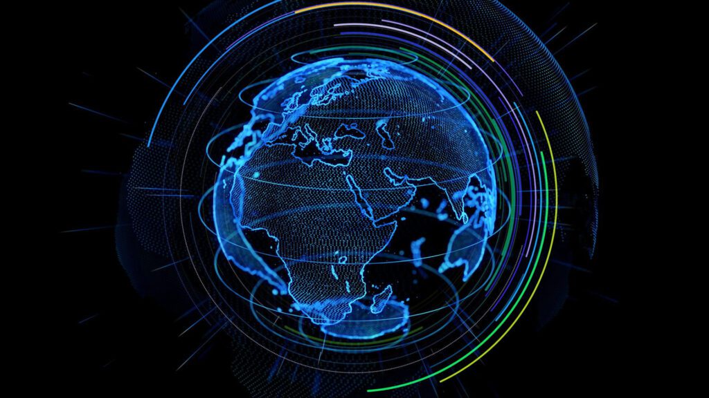 Digitally generated globe with outlined contours of the continents.