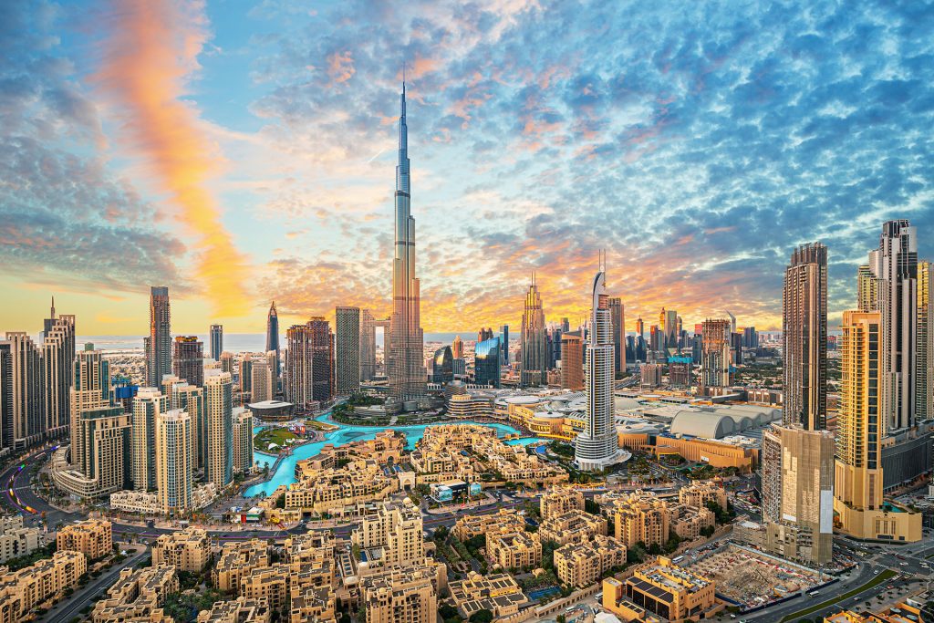 Dubai downtown, amazing city center skyline with luxury skyscrapers
