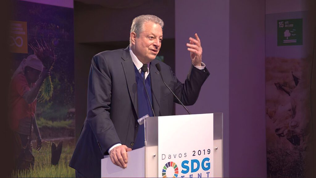 Former US Vice President Al Gore speaking at The Nature Action Agenda event in the SDG Tent in Davos, January 2019. Credit: Callum McCall, Leidar.