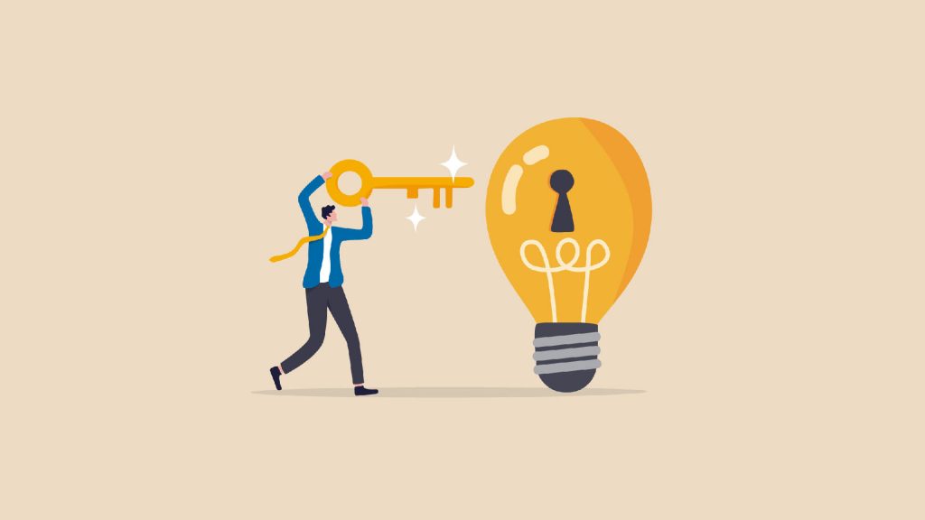 An illustration of a man trying to unlock the big yellow bulb with a giant key.