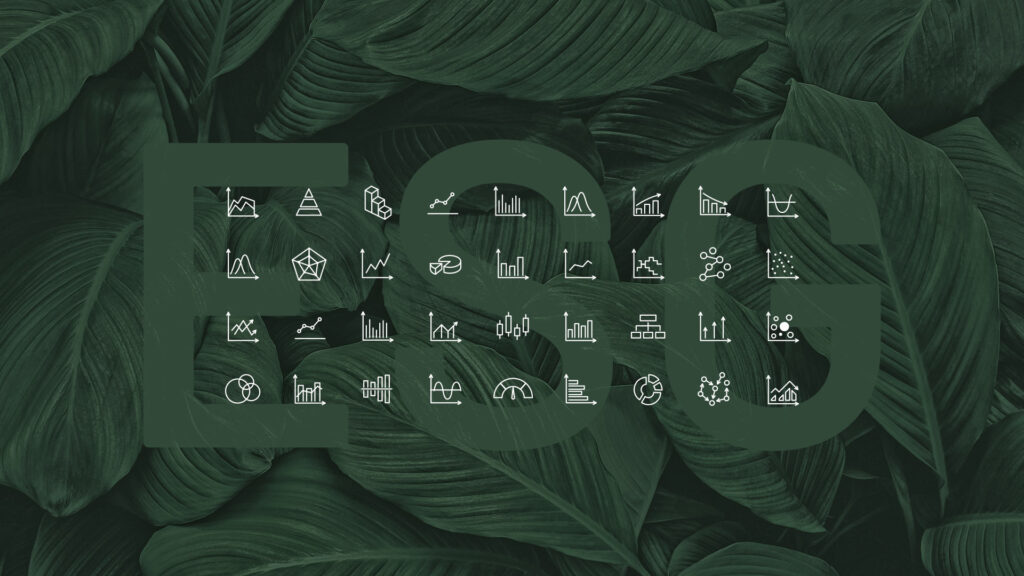 ESG Reporting. A background made with a foliage covered with white set of charts.