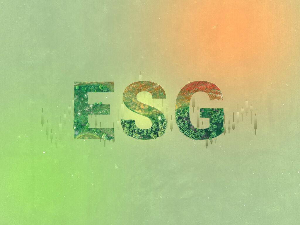 ESG letters and the candle chart behind.